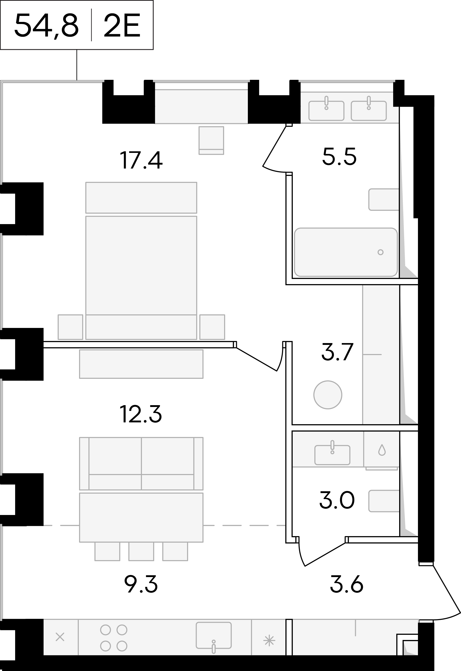 2-комнатная (54.8м2). 